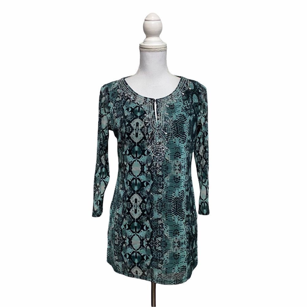 INC Women's Medium International Concept Blue Animal Print Top